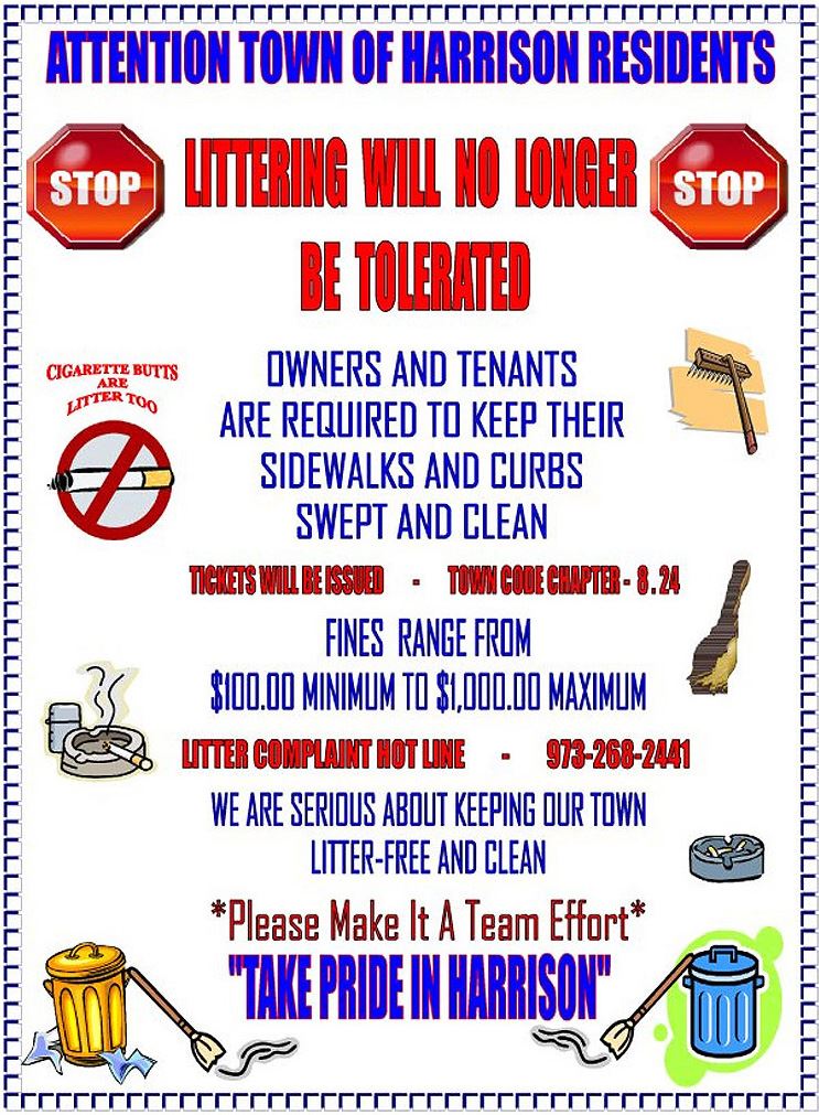 Flyer describing consequences of littering in the Town of Harrison.