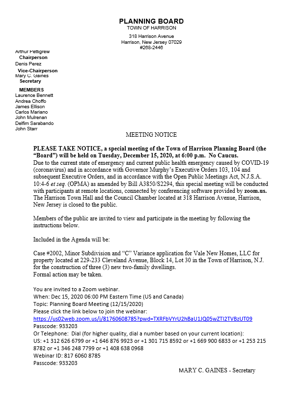 Planning Board Sunshine Notice