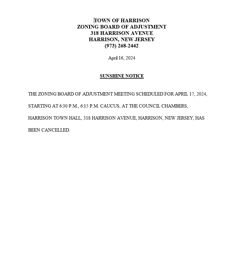 SUNSHINE NOTICE ZONING MEETING 4-17-24